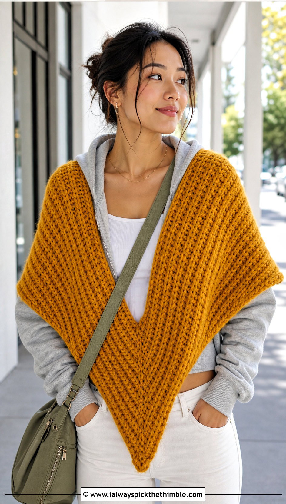 Chunky Ribbed V Shaped Crochet Shawl With Cargo Pants - 15 V Shaped Crochet Shawl outfit ideas