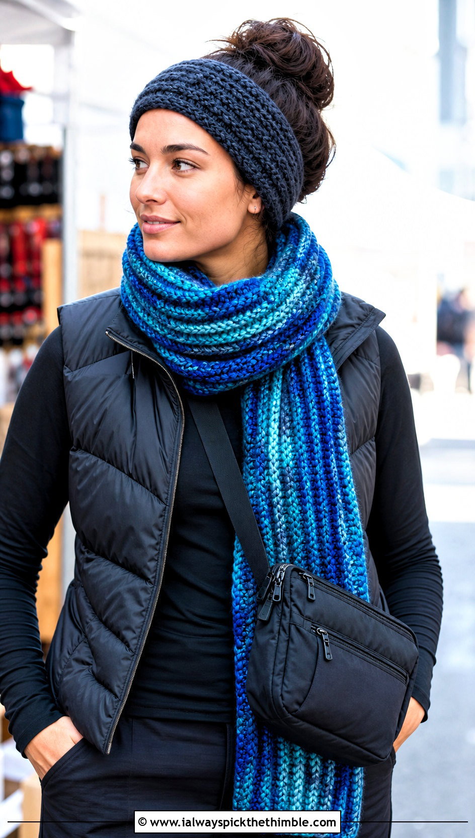 Chunky Ribbed Variegated Crochet Scarf With Puffer Vest - 20 Variegated Yarn Crochet Scarf outfit ideas