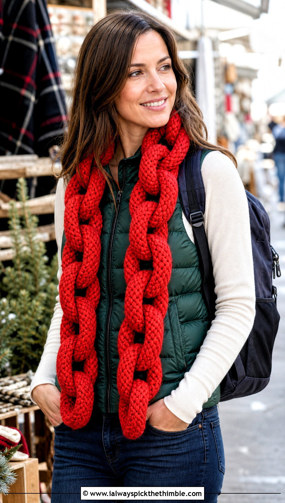 Chunky Rope Link Crochet Scarf With Puffer Vest - 15 Chain Link Crochet Scarf outfit ideas
