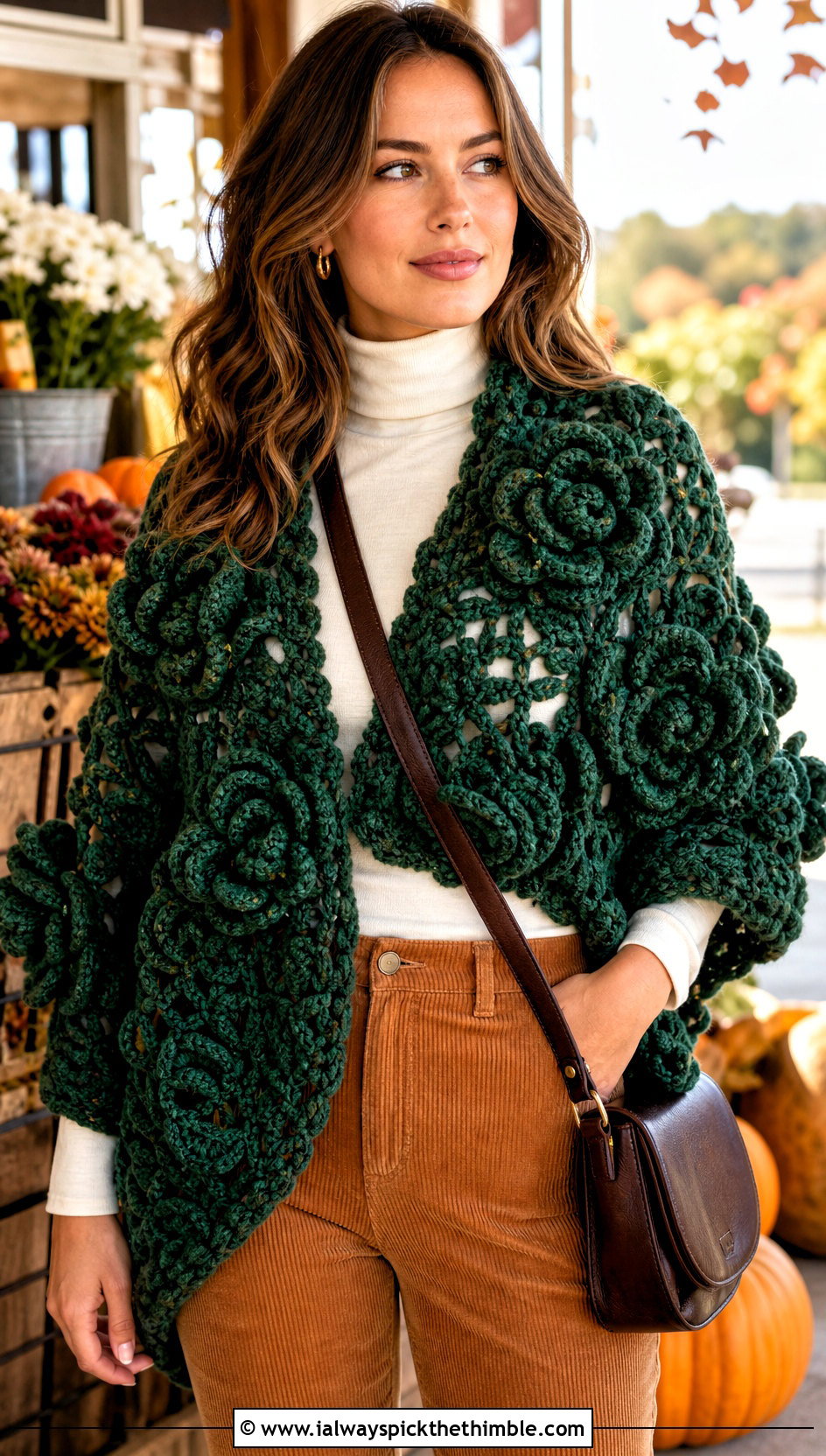 Chunky Rose Shawl With Corduroy Pants - 20 Crochet Rose Shawl outfit ideas