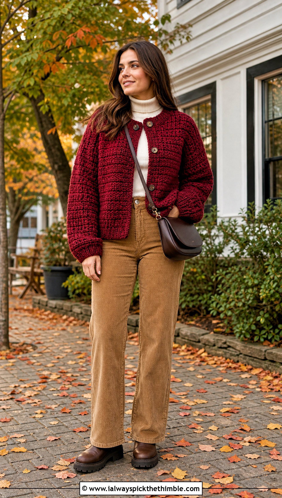 Chunky Round Crochet Cardigan With Corduroy Pants - 25 round crochet cardigan outfit ideas