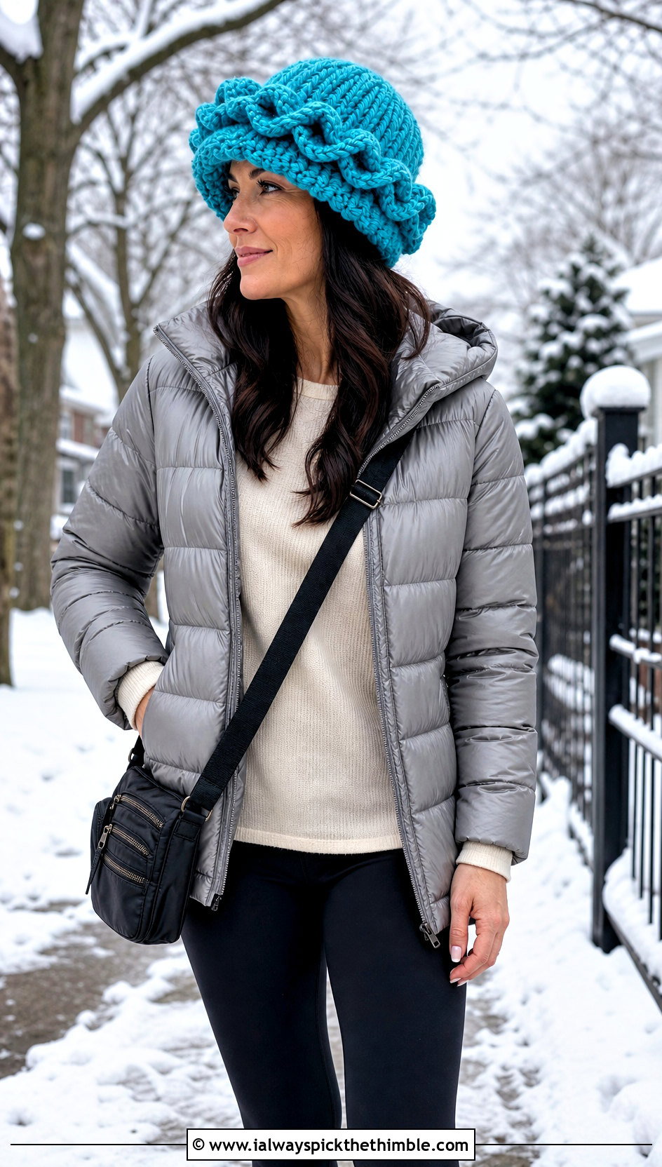 Chunky Ruffle Hat With Puffer Jacket And Leggings - 25 crochet ruffle hat outfit ideas