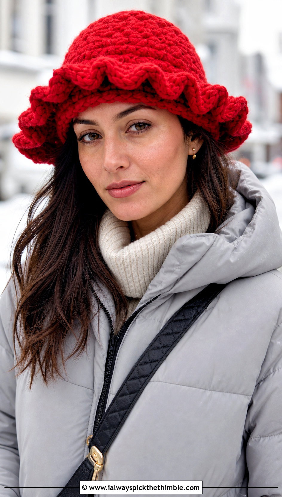 Chunky Ruffled Crochet Bucket Hat With Puffer Jacket And Knit Set - 20 ruffled crochet bucket hat outfit ideas