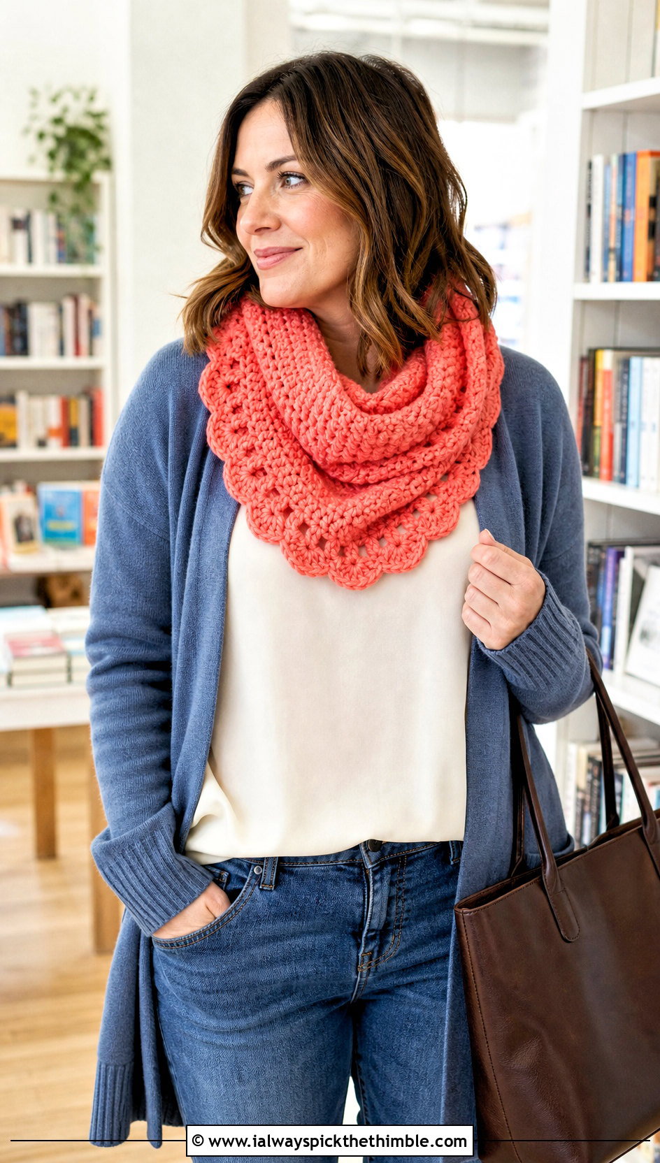 Chunky Scalloped Crochet Cowl With Cardigan And Jeans - 20 chunky crochet cowl outfit ideas