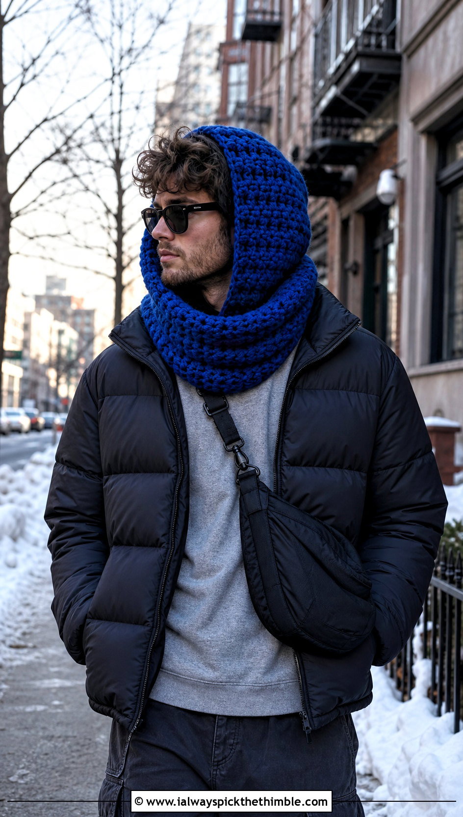 Chunky Scoodie With Puffer Jacket - 20 Crochet Hooded Scarf For Men outfit ideas