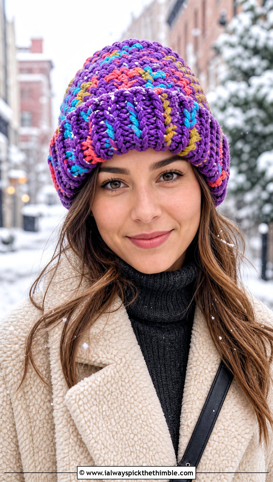 Chunky Scrap Crochet Beanie With Teddy Coat And Straight Jeans - 25 crochet scrap beanie outfit ideas