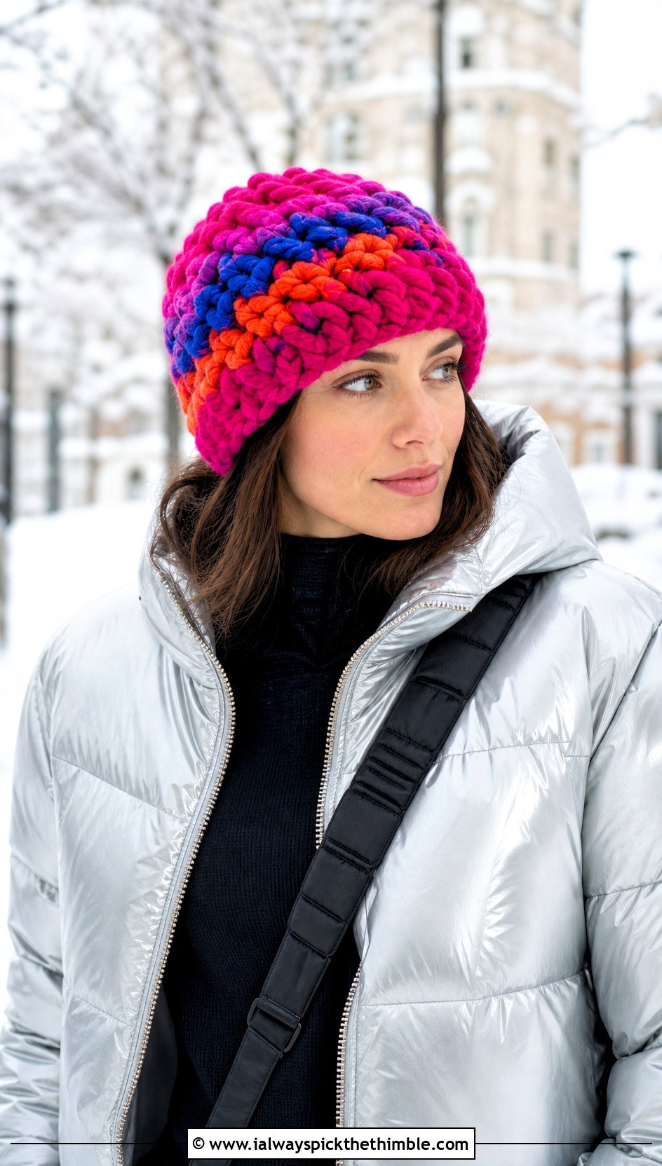 Chunky Scrap Yarn Crochet Beanie With Puffer Jacket - 20 scrap yarn crochet beanie outfit ideas