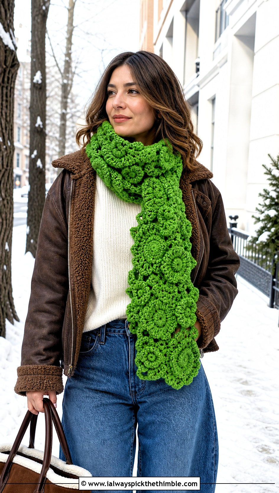 Chunky Scrumble Freeform Crochet Muffler With Shearling Jacket - 20 Freeform Crochet Scarf outfit ideas