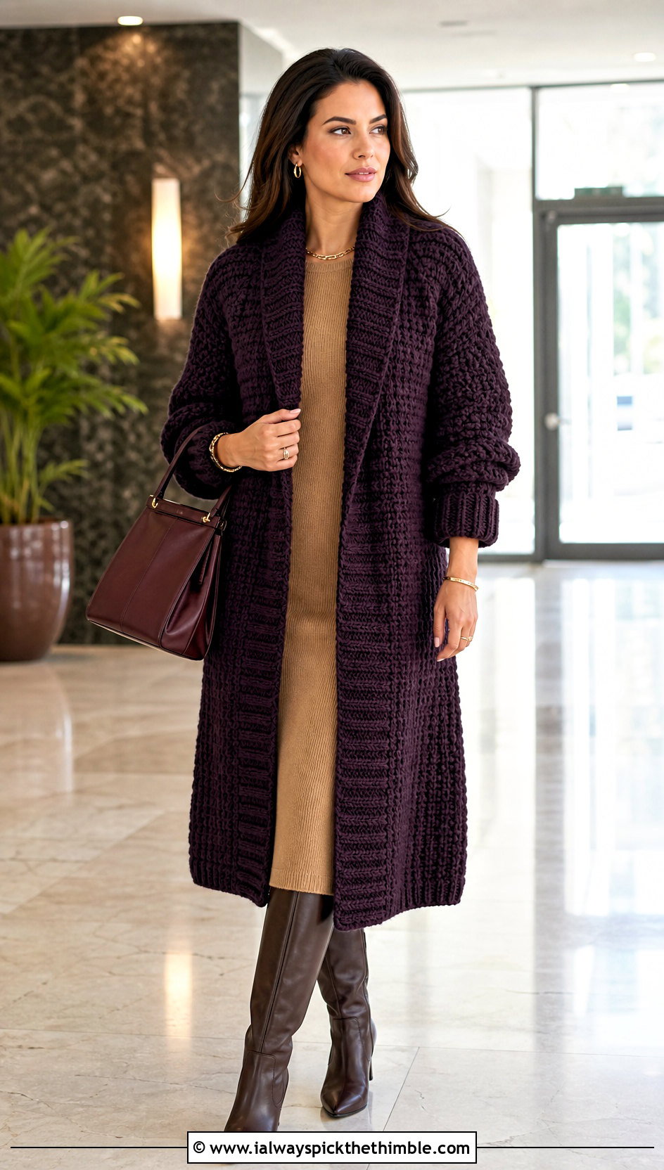 Chunky Shawl Collar Cardigan With Knit Dress - 15 colorful crocheted cardigan on hook outfit ideas