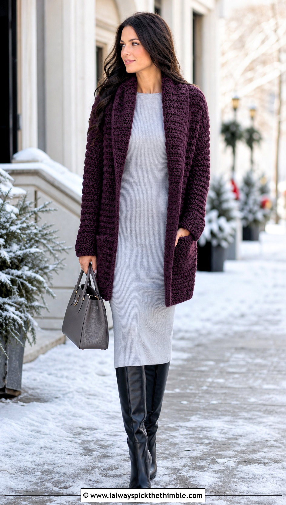 Chunky Shawl Collar Crochet Cardigan With Knit Dress - 15 Couch Crochet Cardigan outfit ideas