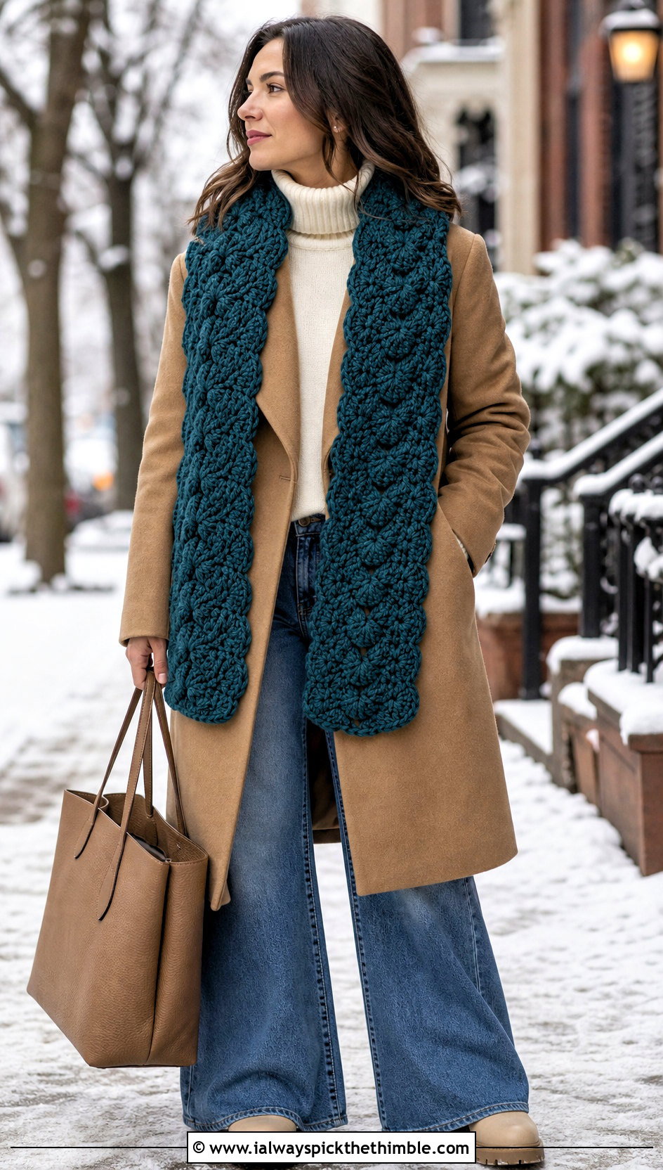 Chunky Shell Scarf With Wool Coat And Wide Leg Jeans - 20 crochet shell scarf outfit ideas