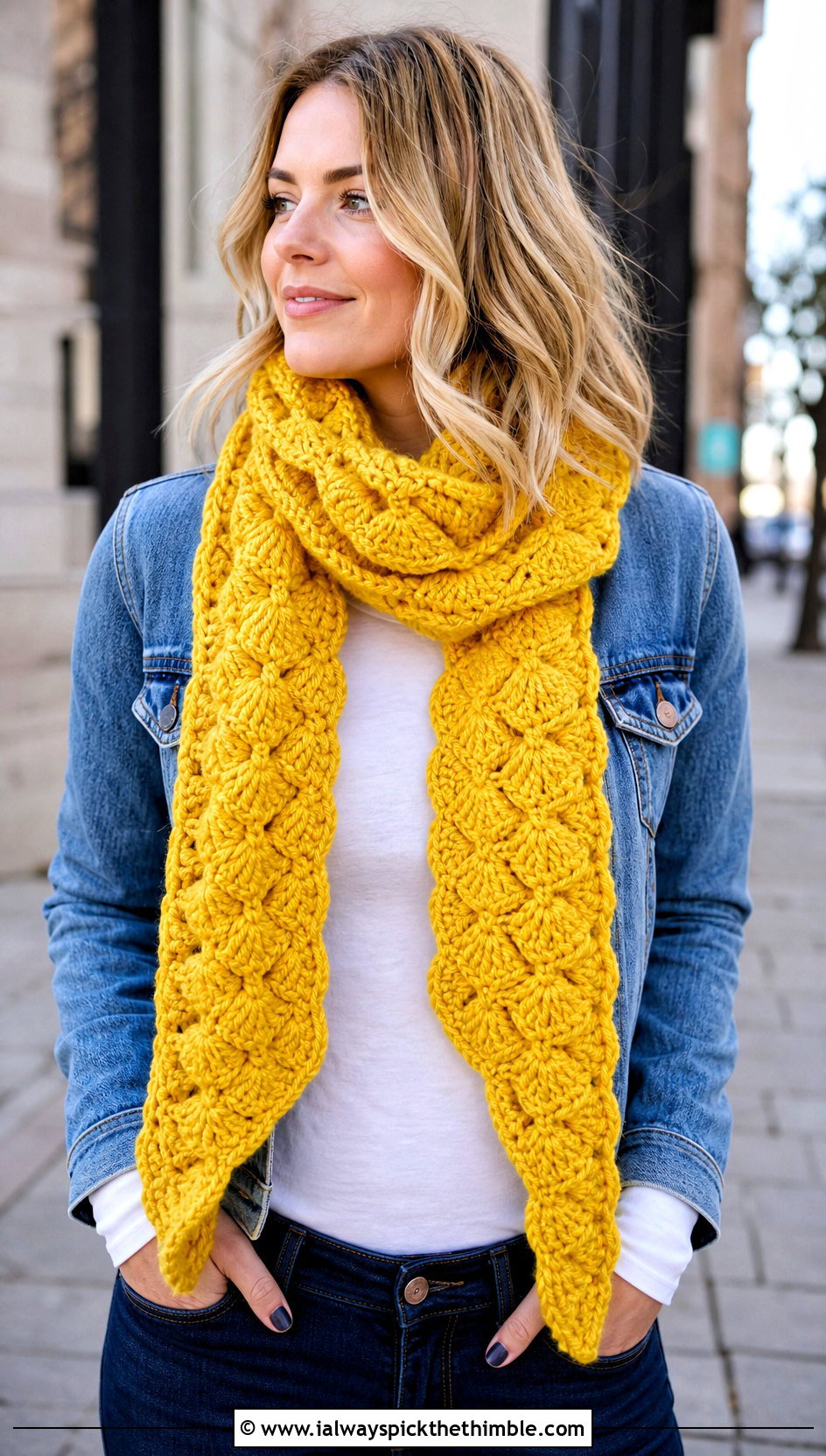 Chunky Shell Stitch Scarf With Denim Jacket And Jeans - 20 Shell Crochet Scarf outfit ideas