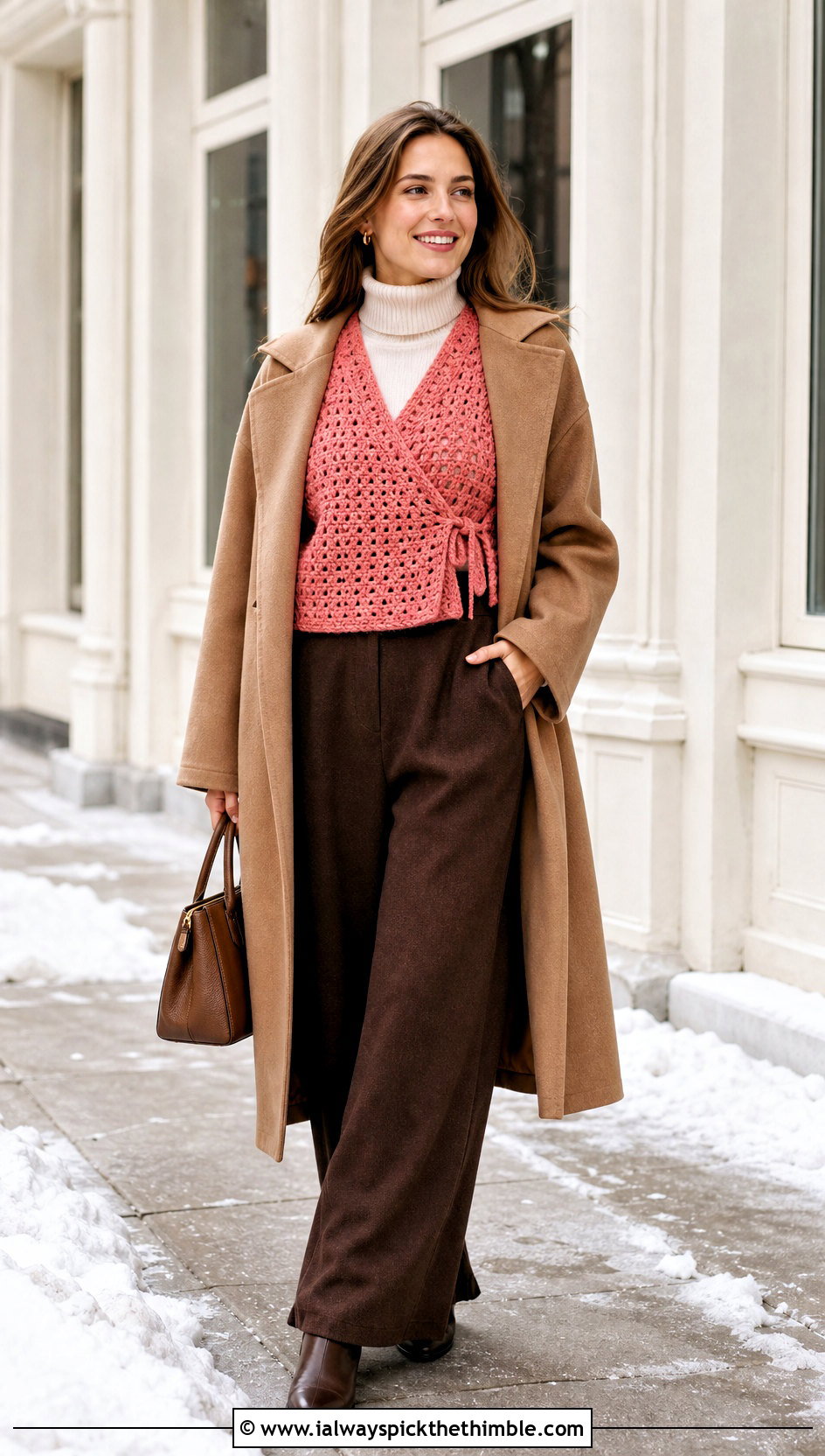 Chunky Side Tie Crochet Vest With Turtleneck And Wool Trousers - 20 crochet vest tie sides outfit ideas