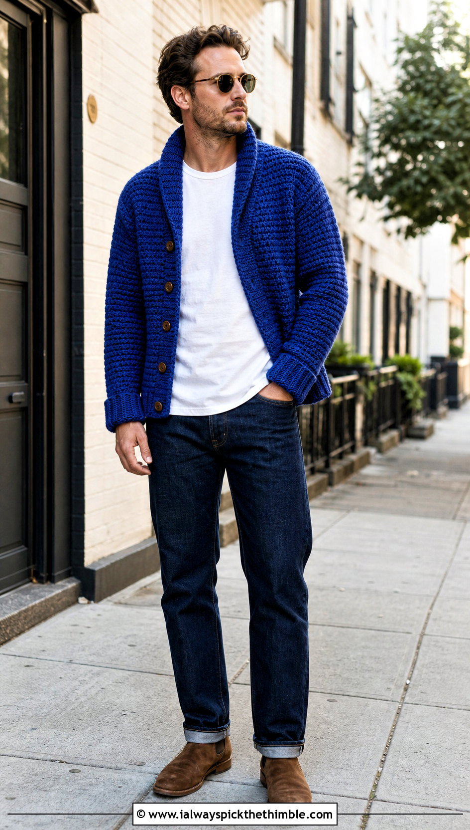 Chunky Single Crochet Shawl Collar Cardigan With Jeans - 20 Mens Crochet Shawl Collar Cardigan outfit ideas