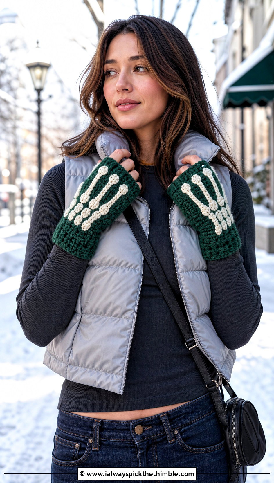 Chunky Skeleton Fingerless Gloves With Puffer Vest - 15 Skeleton Crochet Fingerless Gloves outfit ideas