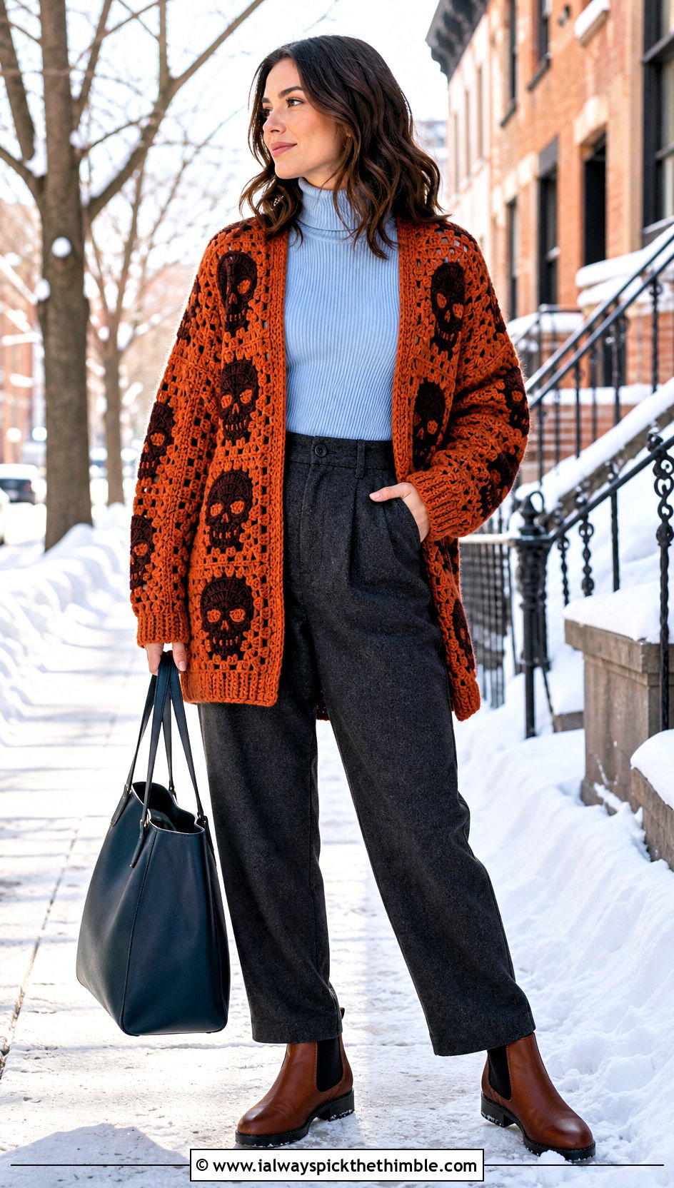 Chunky Skull Granny Square Cardigan With Wool Trousers - 20 skull granny square cardigan outfit ideas