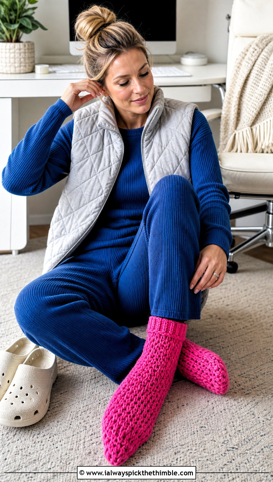 Chunky Slipper Crochet Flat Socks With Lounge Set And Indoor Clogs - 20 Crochet Flat Socks outfit ideas