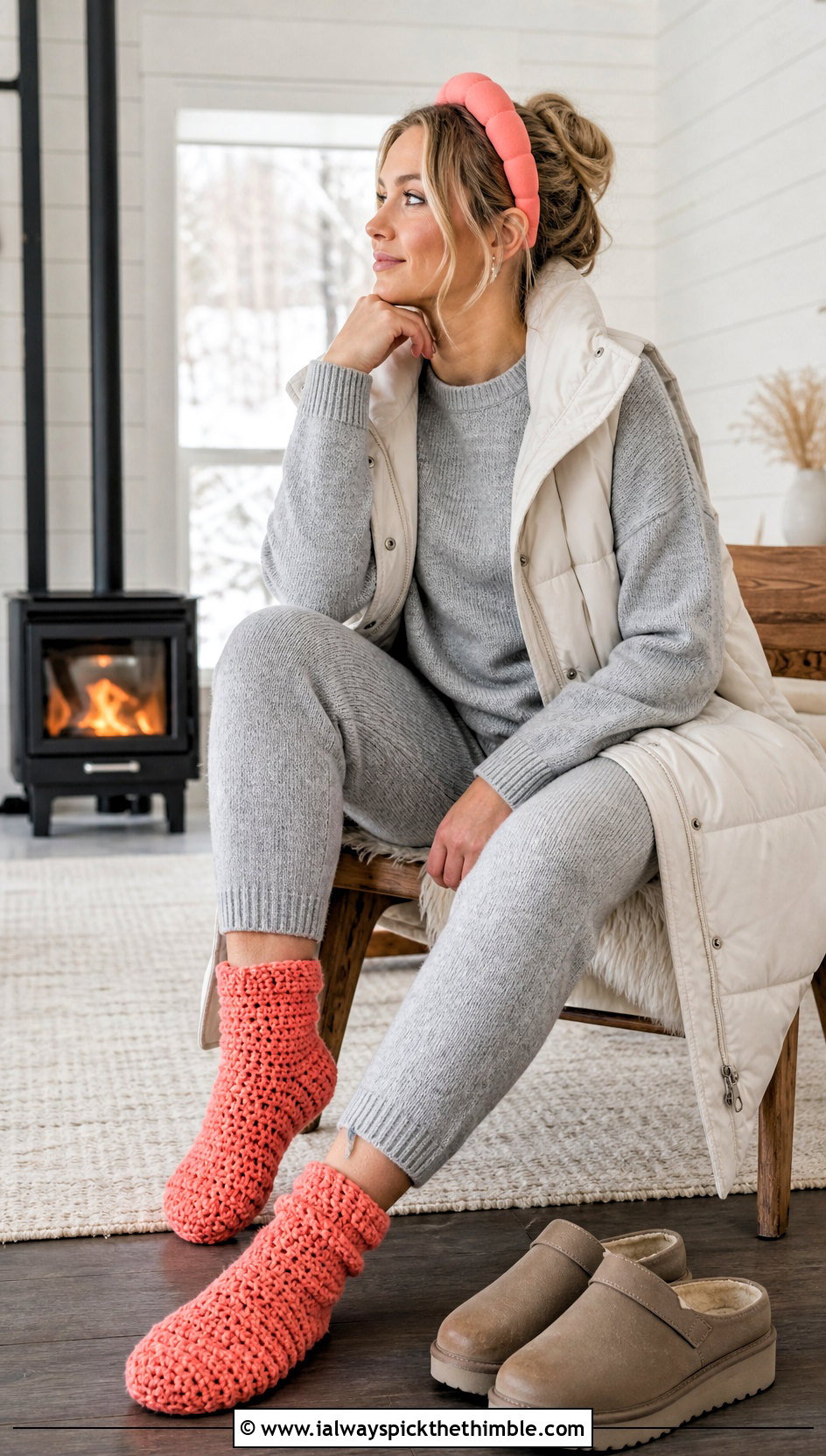 Chunky Slipper Crochet Socks With A Knit Lounge Set - 20 Crochet Socks For Women outfit ideas