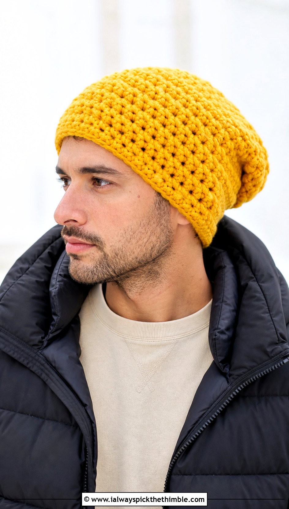 Chunky Slouch Crochet Beanie With Puffer Jacket - 20 Mens Slouch Crochet Beanie outfit ideas