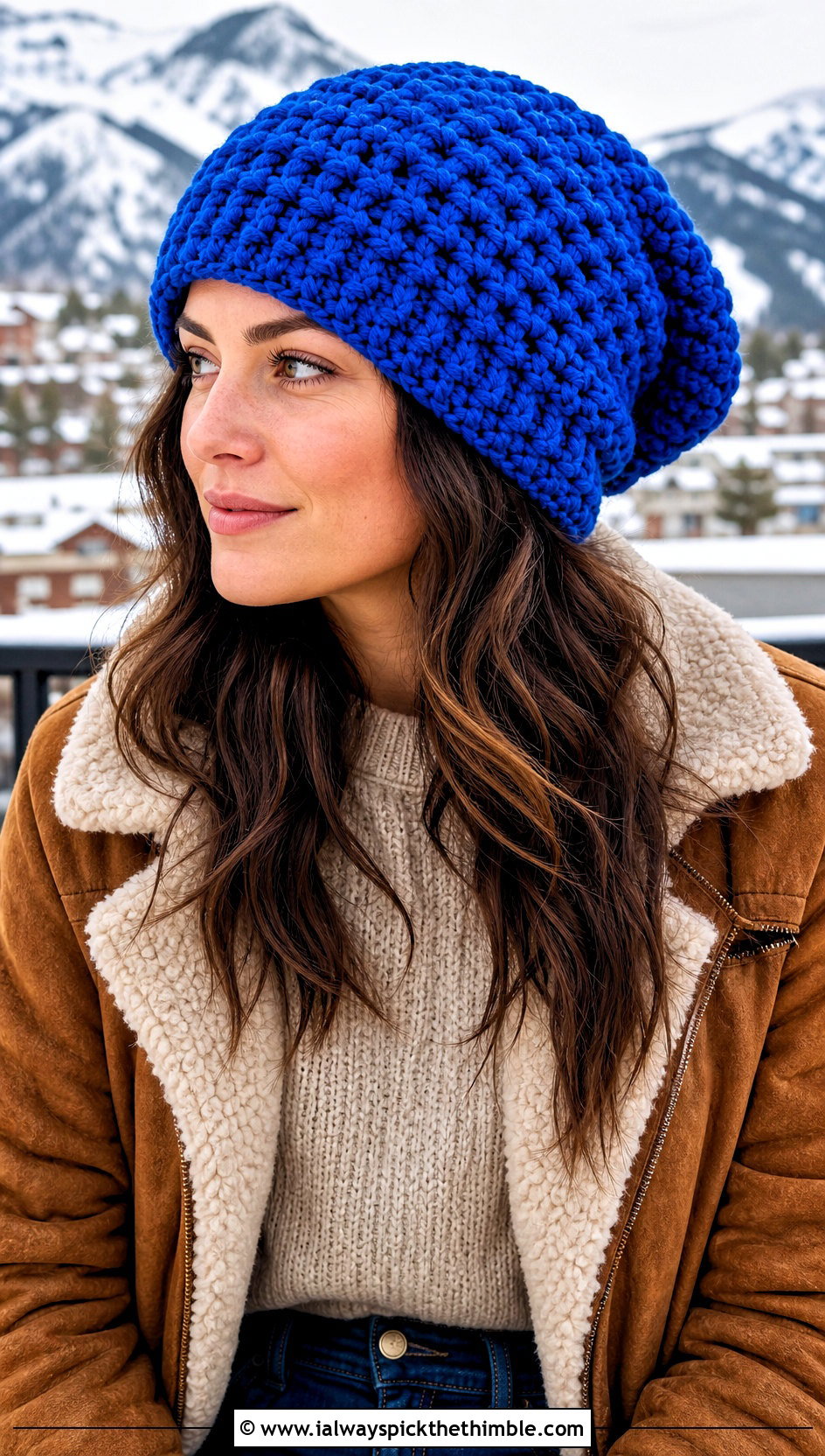Chunky Slouch Crochet Beanie With Shearling Jacket - 20 slouch crochet beanie outfit ideas