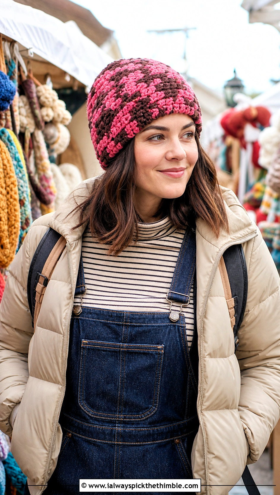 Chunky Slouch Mosaic Crochet Beanie With Overalls - 20 Mosaic Crochet Beanie outfit ideas