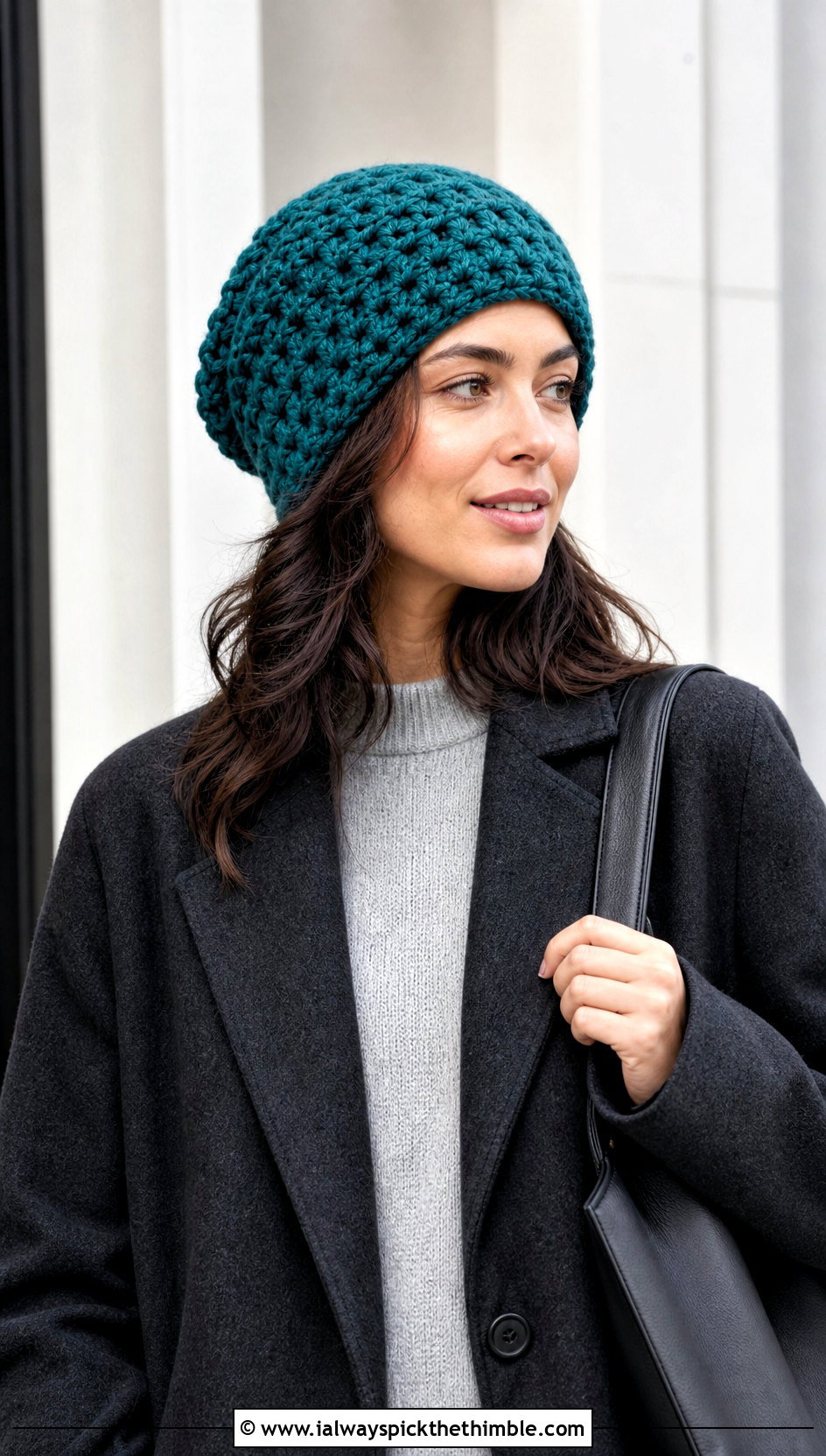 Chunky Slouchy Beanie With Tailored Coat - 20 chunky yarn crochet beanie outfit ideas