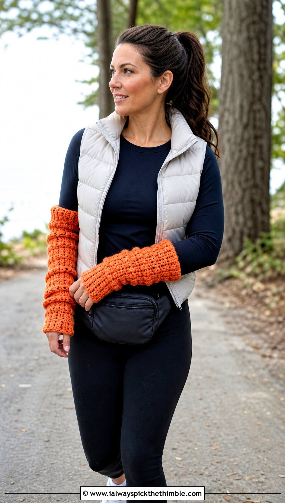 Chunky Slouchy Crochet Arm Warmers With Puffer Vest And Leggings - 20 Easy Crochet Arm Warmers outfit ideas
