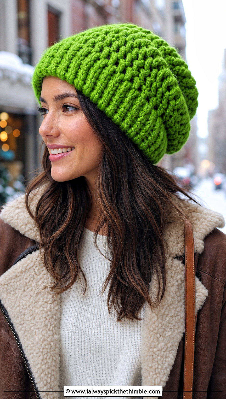 Chunky Slouchy Crochet Beanie With Shearling Jacket And Joggers - 20 Easy Slouchy Crochet Beanie outfit ideas