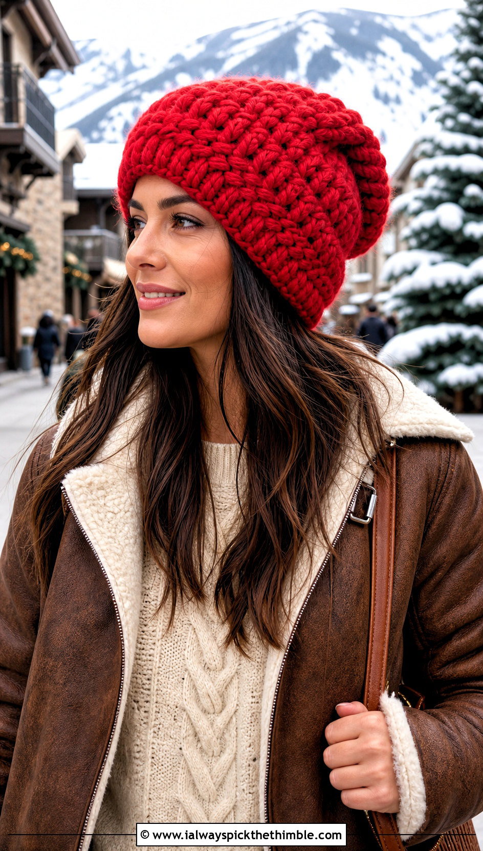 Chunky Slouchy Crochet Beanie With Shearling Jacket - 25 slouchy crochet beanie outfit ideas