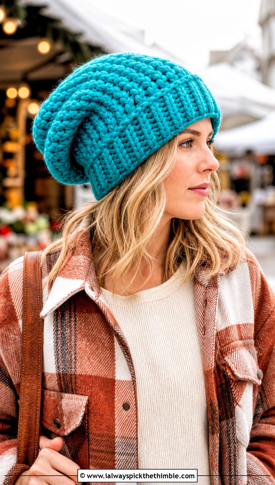 Chunky Slouchy Crochet Hat With Shacket And Straight Leg Jeans - 15 Slouchy Crochet Hat outfit ideas