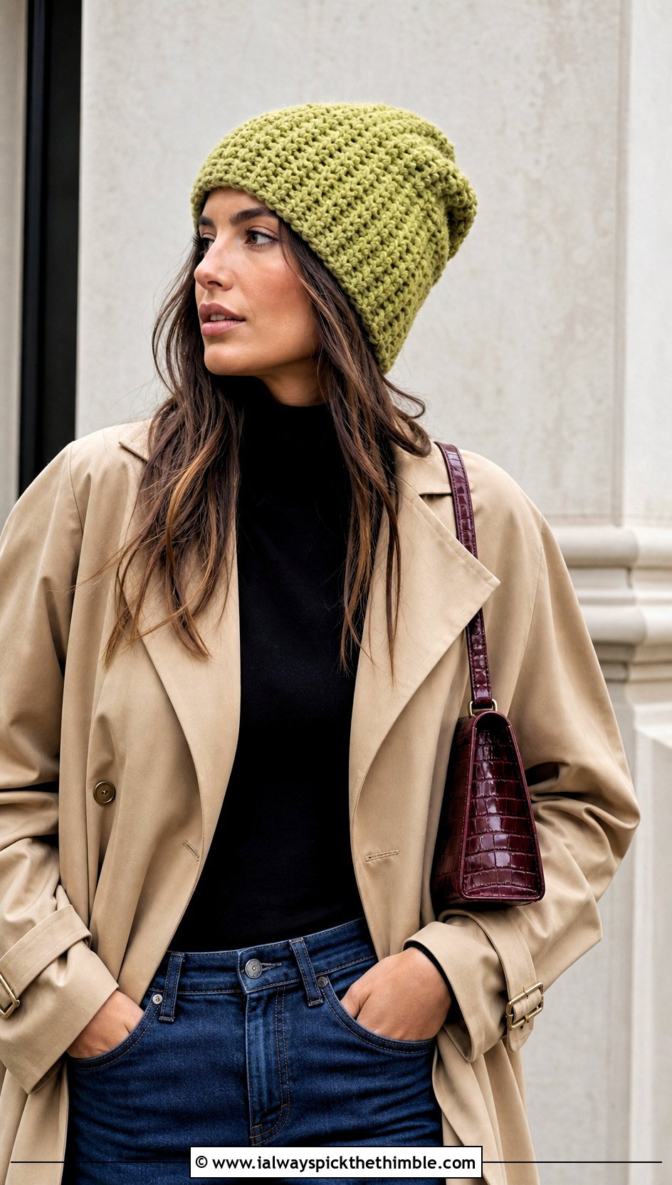 Chunky Slouchy Crochet Rectangle Beanie With Trench Coat - 20 Crochet Rectangle Beanie outfit ideas