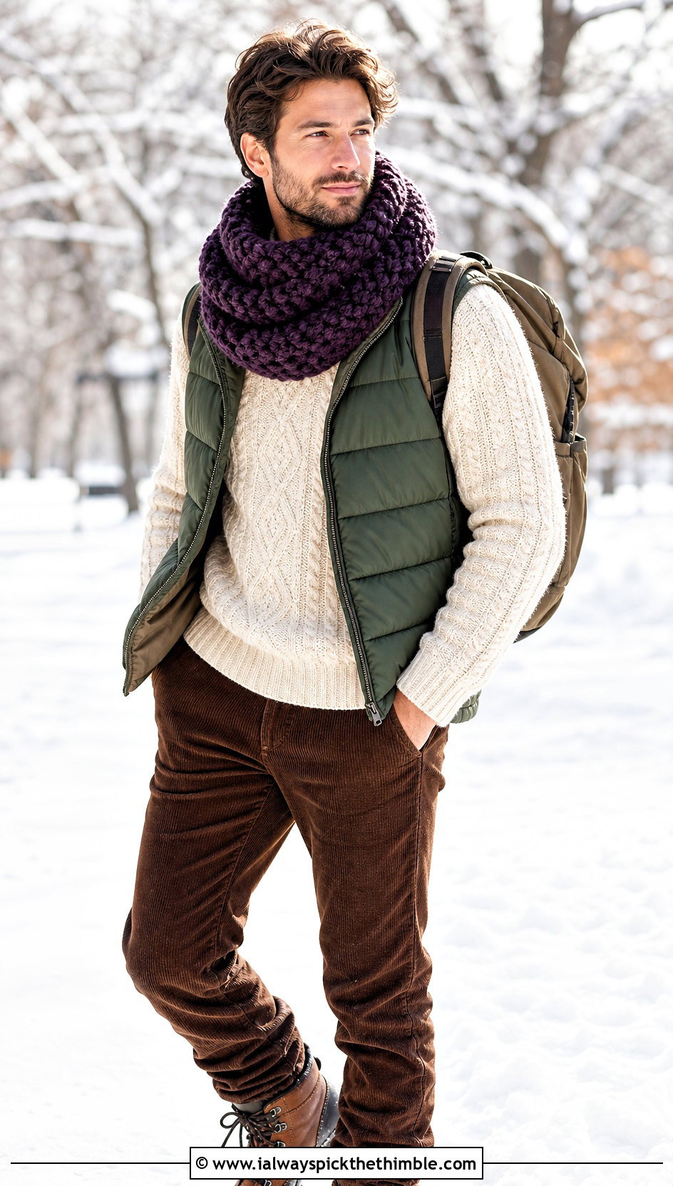 Chunky Snood Crochet Unisex Scarf With Puffer Vest - 15 Crochet Unisex Scarf outfit ideas