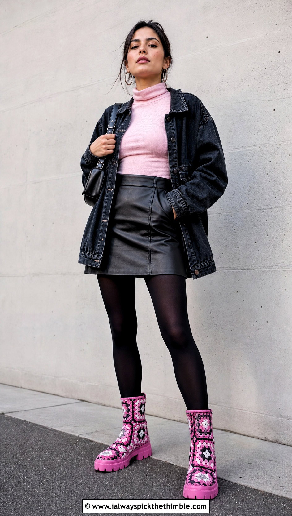 Chunky Sole Granny Square Boots With Leather Mini Skirt - 20 granny square boots outfit ideas