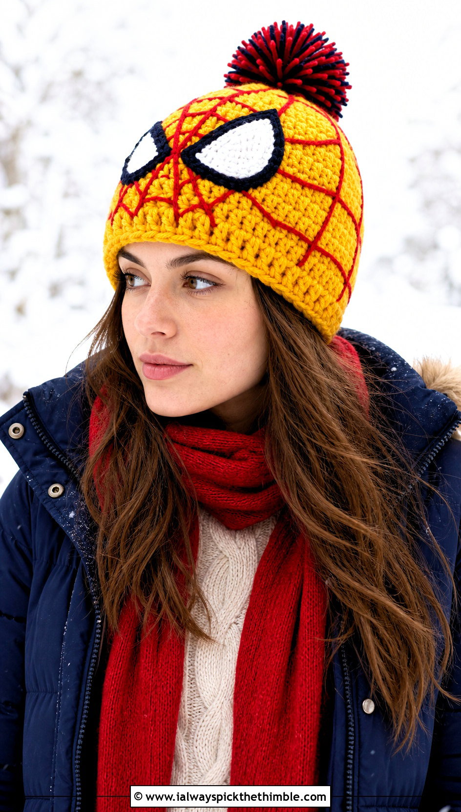 Chunky Spider Man Crochet Pom Pom Beanie With Puffer Coat - 25 spider man crochet beanie outfit ideas
