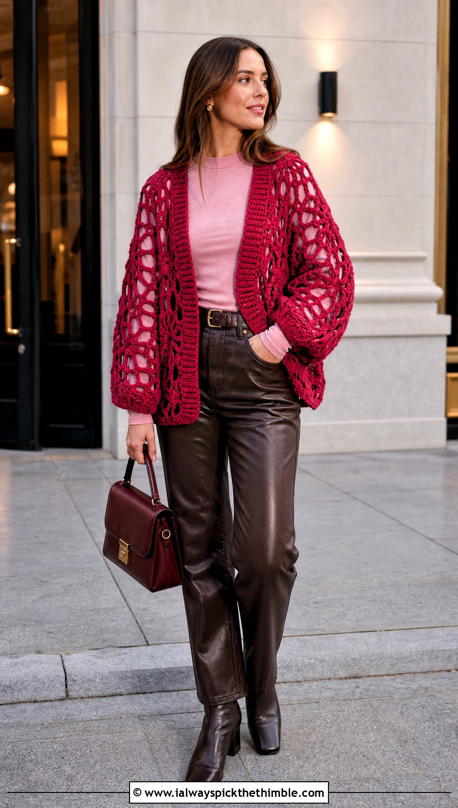 Chunky Spider Web Cardigan With Leather Pants - 20 Crochet Spider Web Cardigan outfit ideas