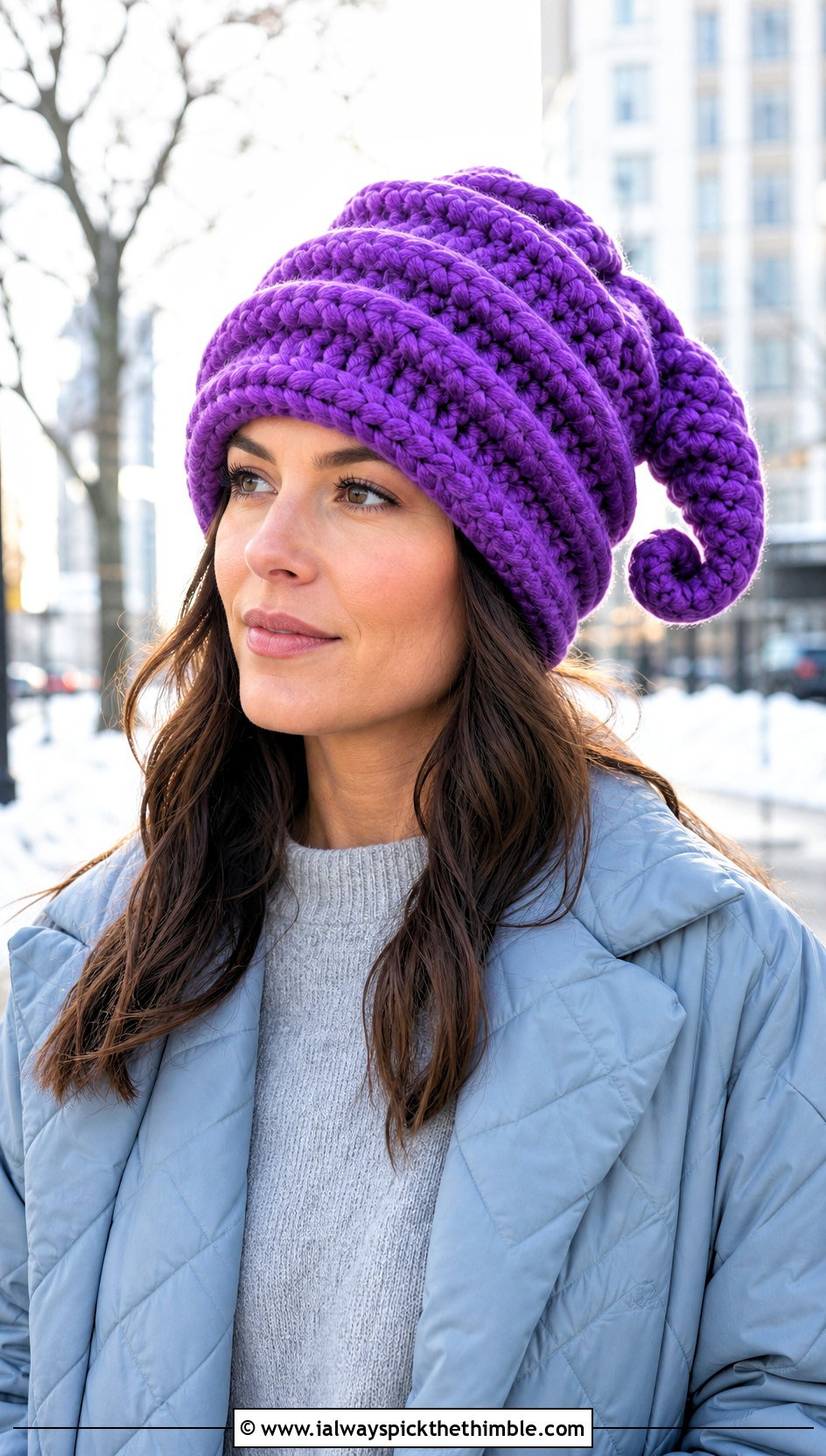 Chunky Spiral Crochet Pointed Hat With Quilted Coat - 20 Crochet Pointed Hat outfit ideas