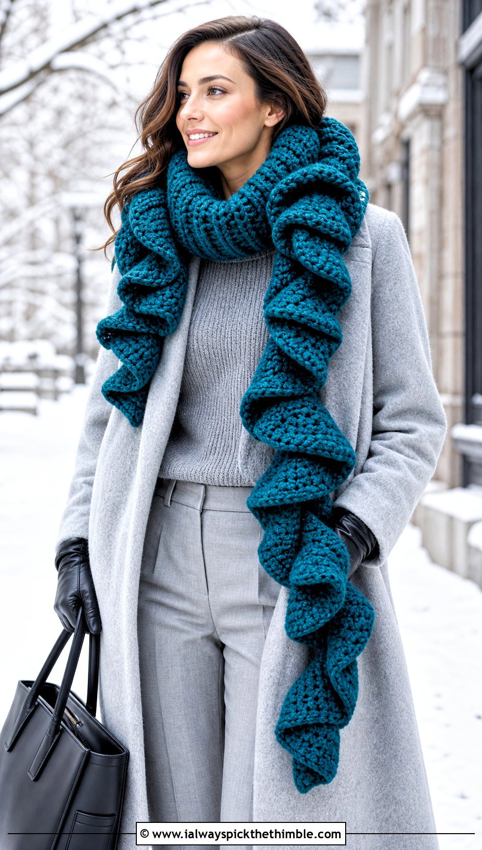Chunky Spiral Crochet Scarf With Wool Coat - 15 easy spiral crochet scarf outfit ideas
