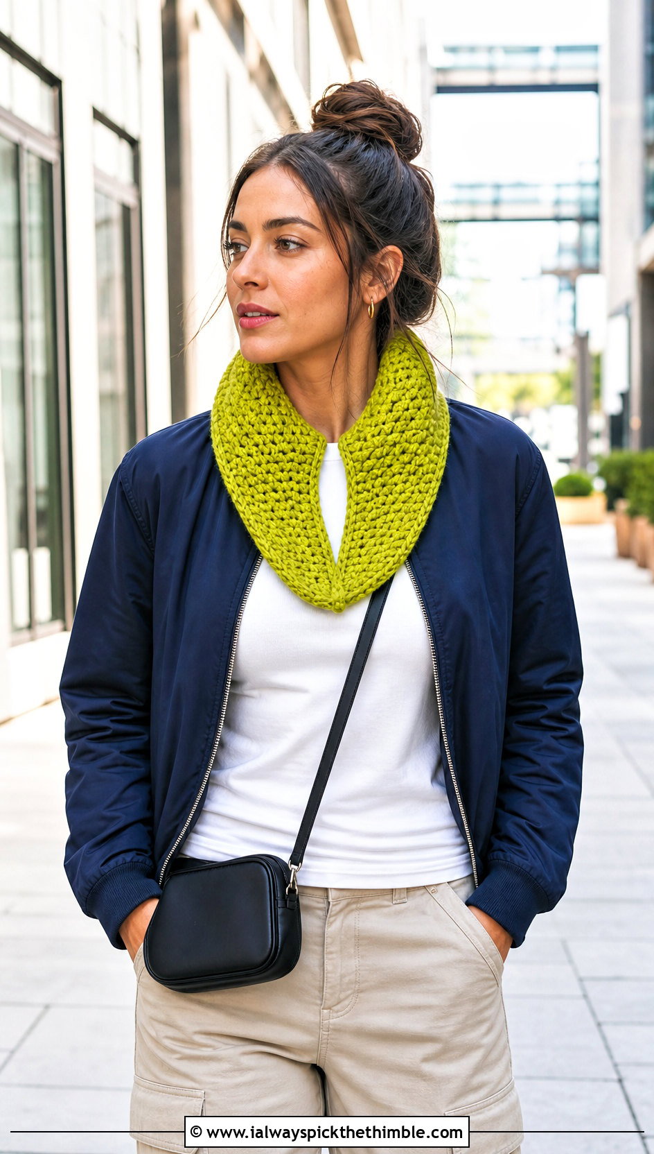 Chunky Split Neck Crochet Cowl With Bomber Jacket - 20 chunky crochet cowl outfit ideas