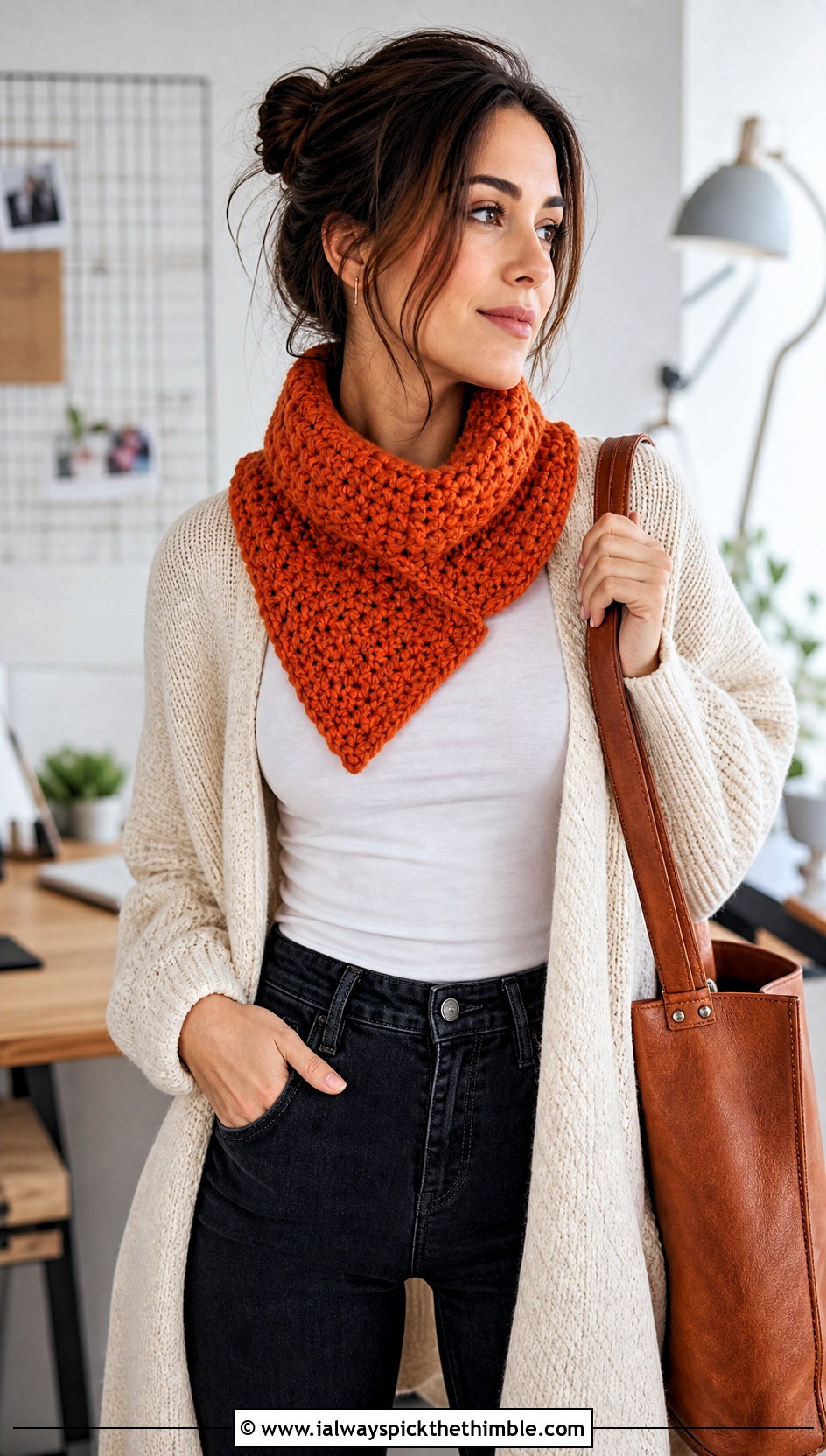 Chunky Split Neck Crochet Cowl With Cardigan - 20 crochet chunky cowl outfit ideas