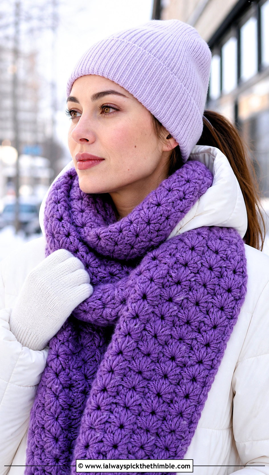 Chunky Star Stitch Scarf With Puffer Coat - 20 Crochet Star Stitch Scarf outfit ideas