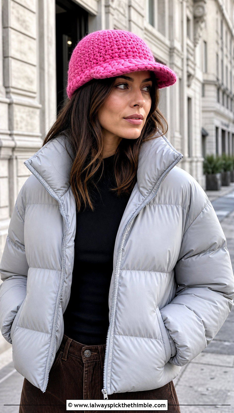 Chunky Stitch Crochet Baseball Cap With Puffer Jacket And Corduroy Pants - 20 crochet baseball cap outfit ideas