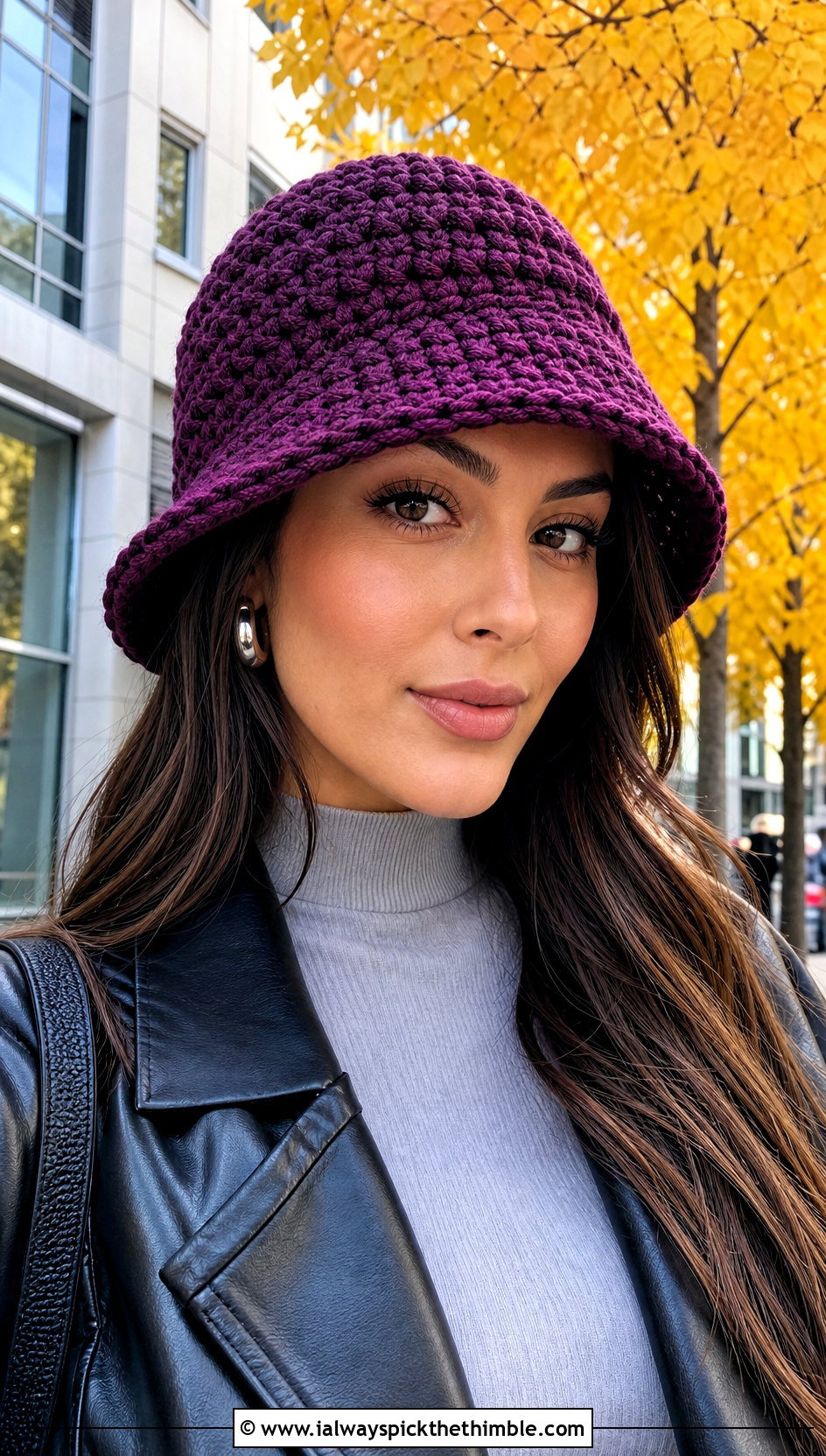 Chunky Stitch Crochet Bucket Hat With Leather Jacket - 25 crochet bucket hat outfit ideas
