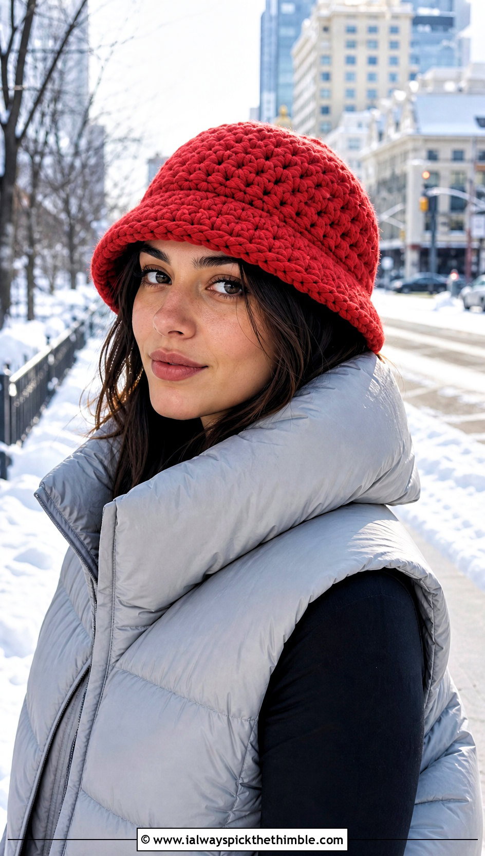 Chunky Stitch Crochet Bucket Hat With Puffer Vest And Leggings - 15 crochet trendy bucket hat outfit ideas