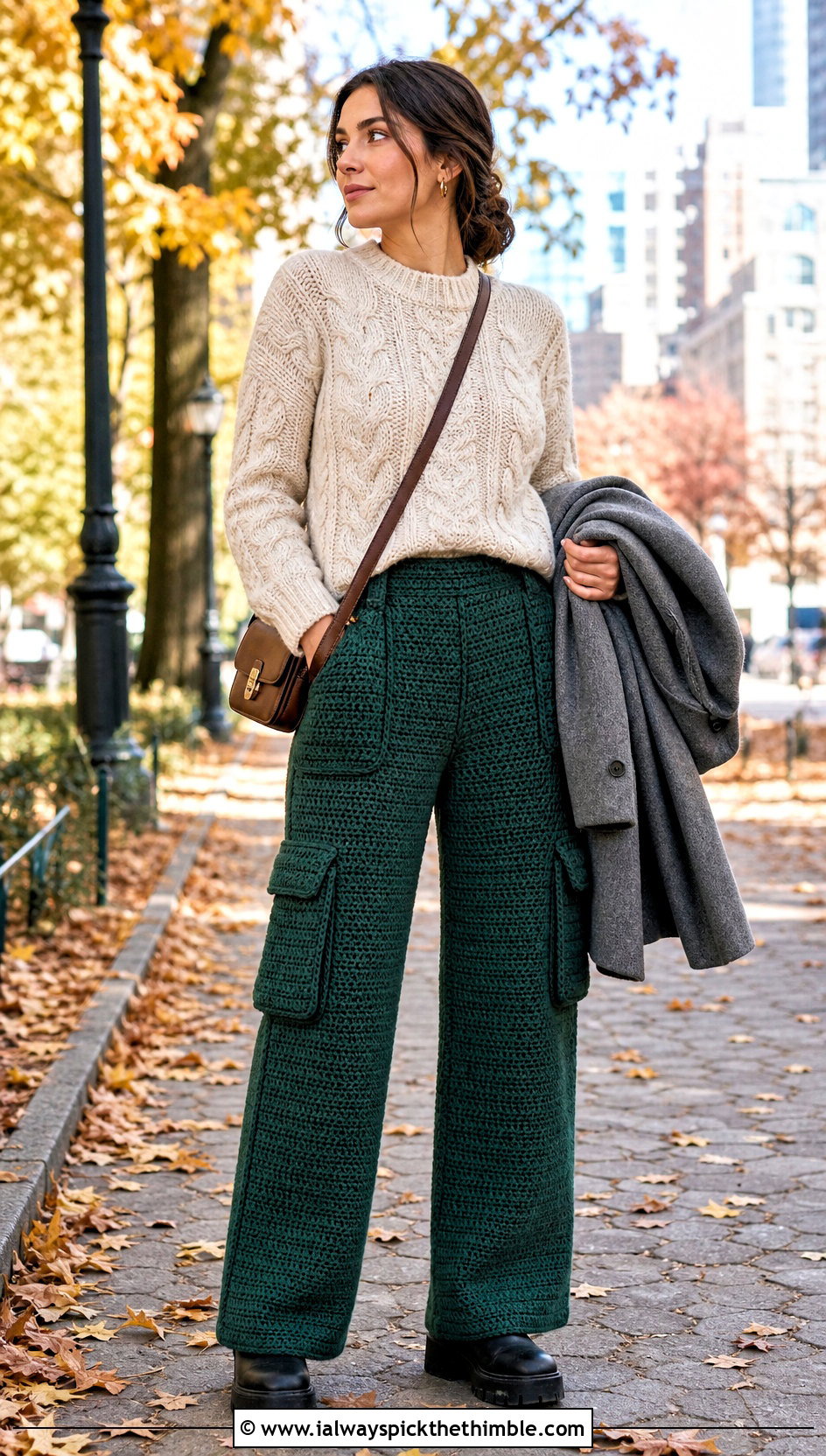 Chunky Stitch Crochet Cargo Pants With Cable Sweater - 25 crochet cargo pants outfit ideas