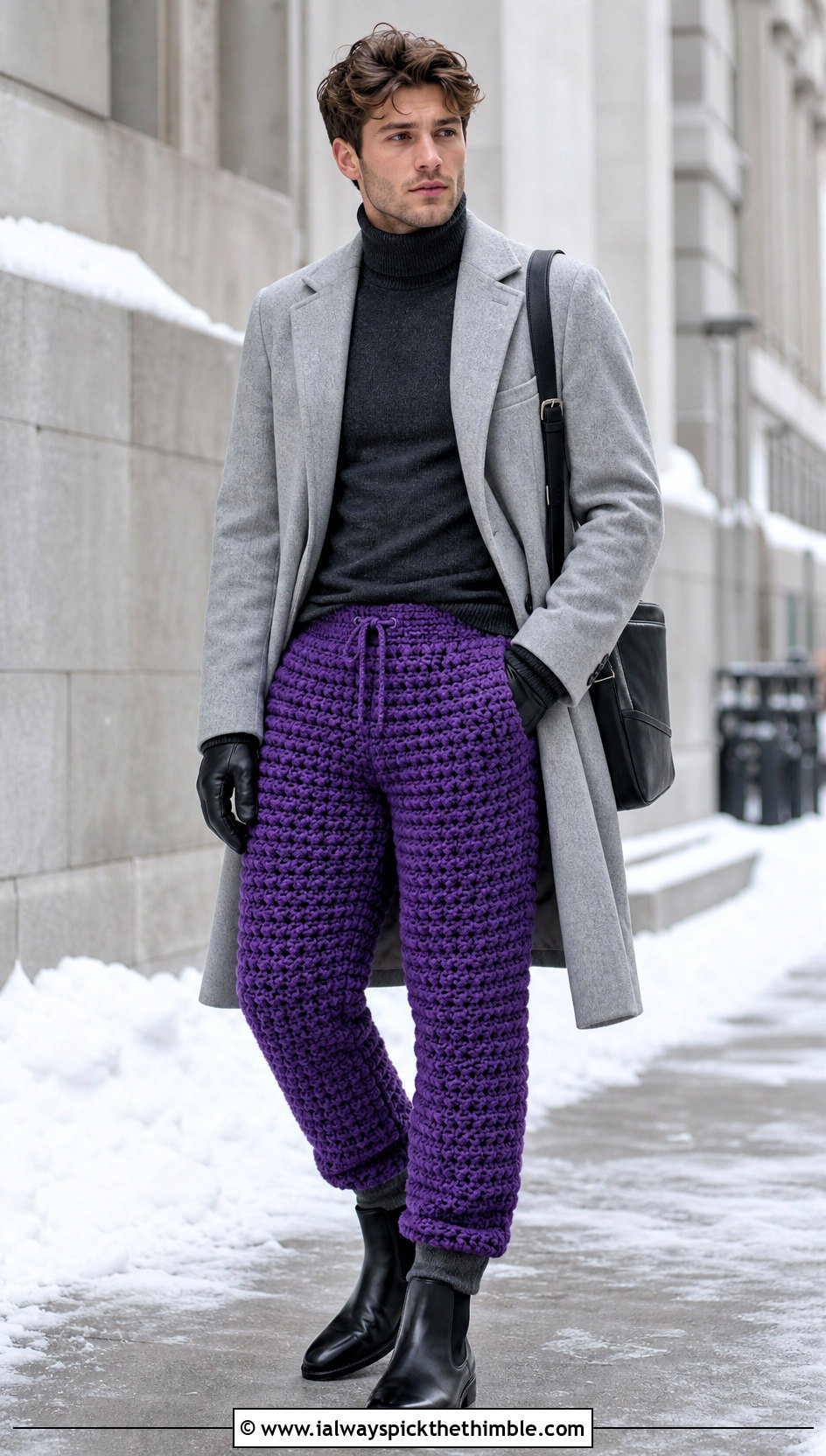 Chunky Stitch Crochet Pants With Wool Overcoat - 15 crochet men pants outfit ideas