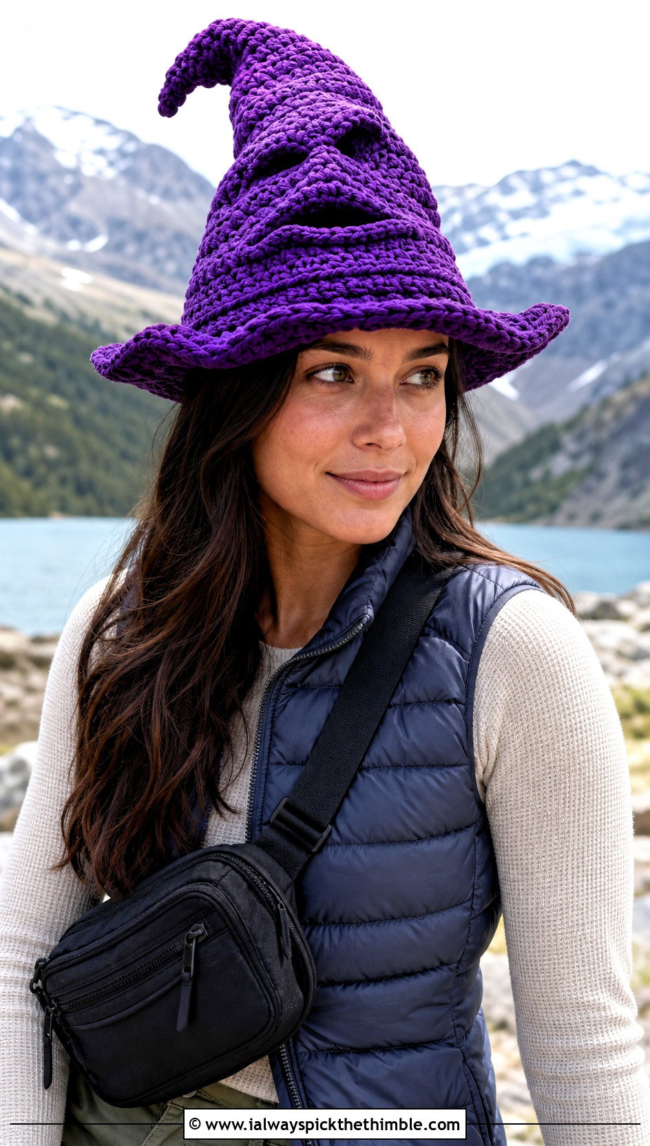 Chunky Stitch Crochet Sorting Hat With Puffer Vest - 25 crochet sorting hat outfit ideas