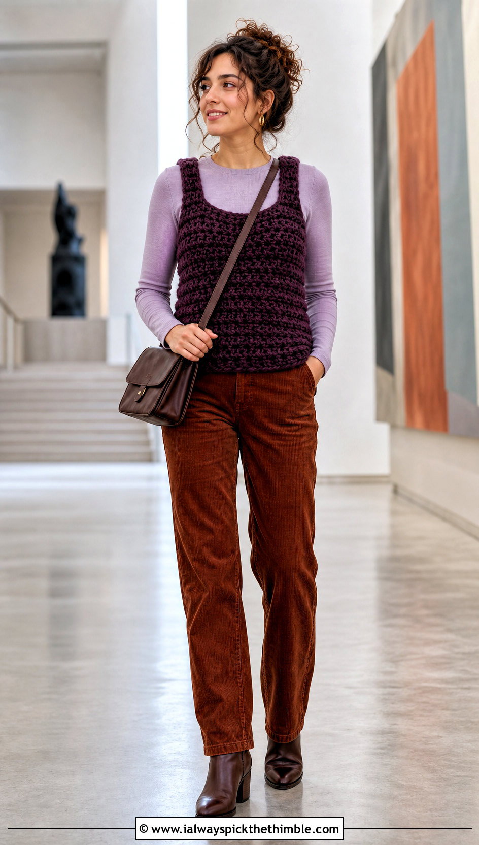 Chunky Stitch Crochet Tank Top With Corduroy Pants - 25 crochet tank top outfit ideas