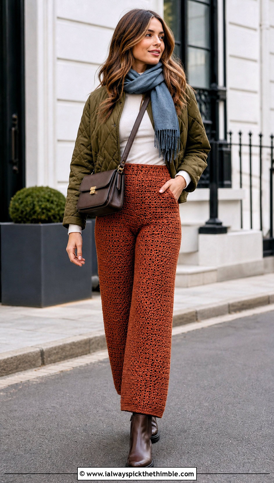 Chunky Stitch Crochet Trousers With Quilted Jacket - 25 crochet trousers outfit ideas