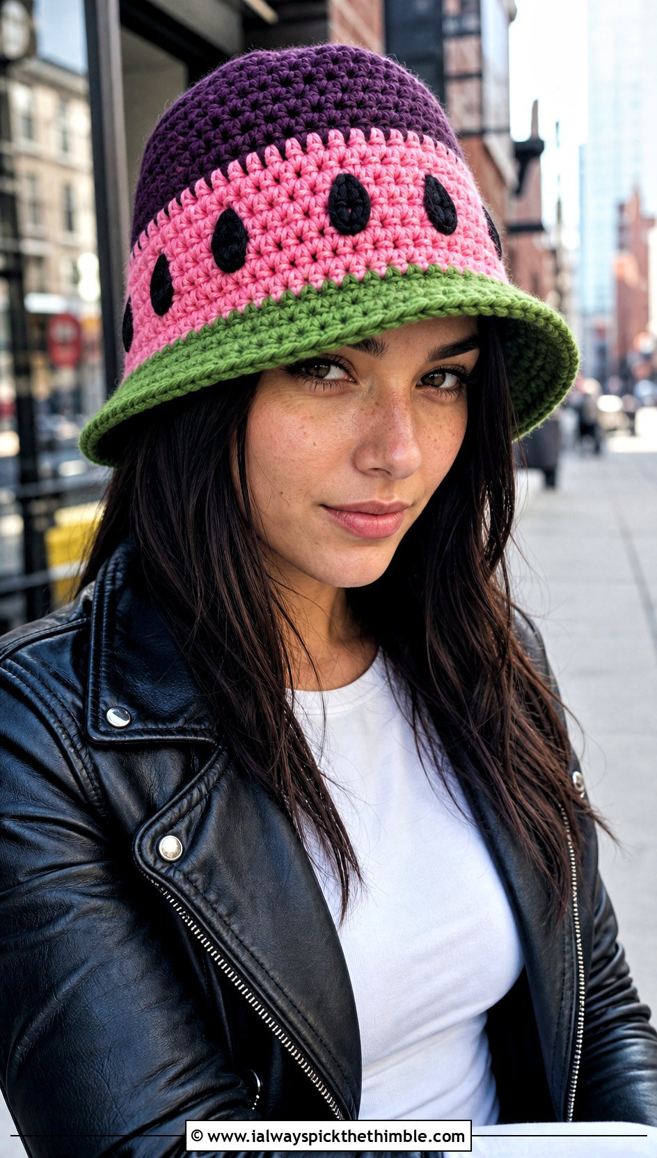 Chunky Stitch Crochet Watermelon Bucket Hat With Leather Jacket - 20 crochet watermelon bucket hat outfit ideas