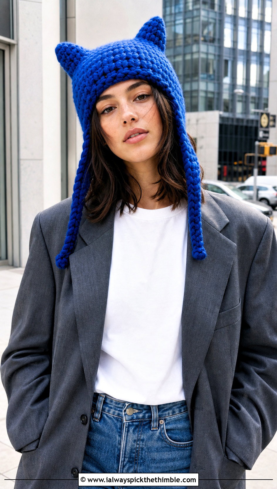 Chunky Stitch Finn Hat With Blazer And Straight Leg Jeans - 20 crochet adventure time finn hat outfit ideas